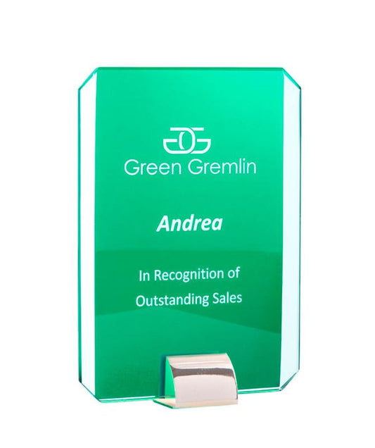 1205-2GN Rectangle Green Glass/Silver Stand 18cm