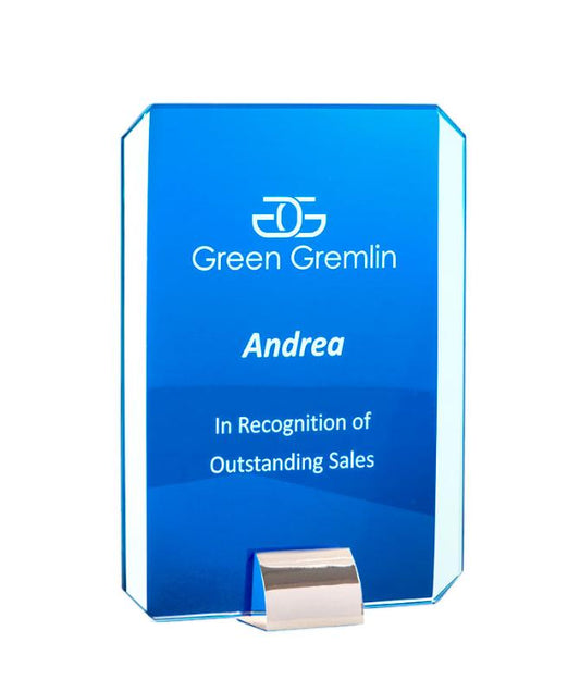 1205-3BU Rectangle Blue Glass/Silver Stand 20cm