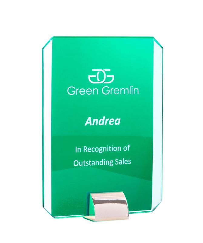 1205-3GN Rectangle Green Glass/Silver Stand 20cm