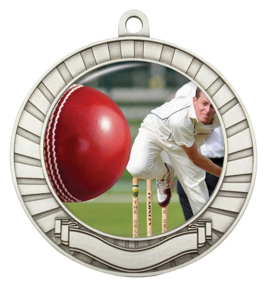 MCY403S Eco Scroll Cricket Bowling Medal Silver
