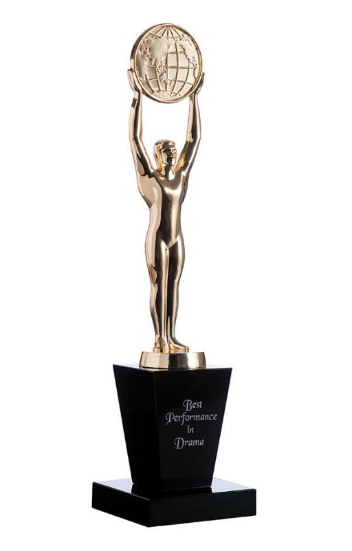 STAT01 Gold oscar figurine with globe on black crystal base 33cm