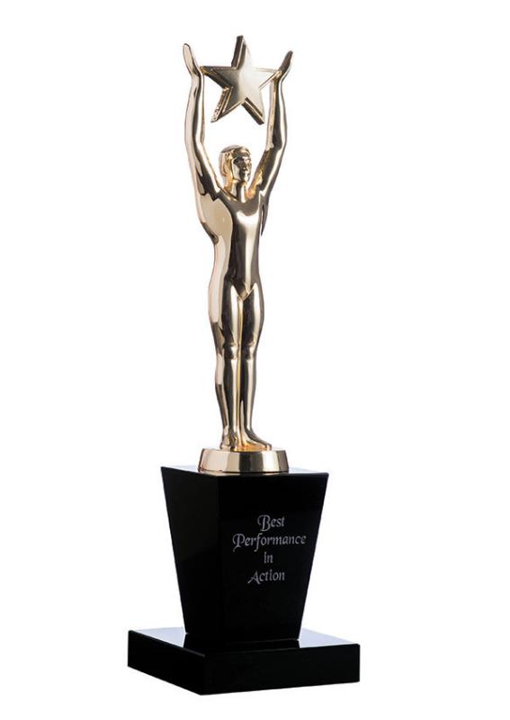 STAT02 Gold oscar figurine with star on black crystal base 31cm