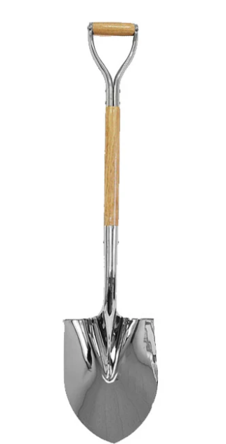 Metal Silver shovel with wooden handle on a white background