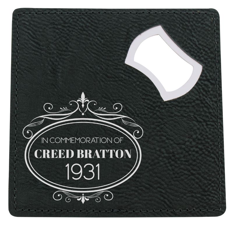 LEC17 Leatherette Coaster / Bottle Opener Black / Silver 10cm