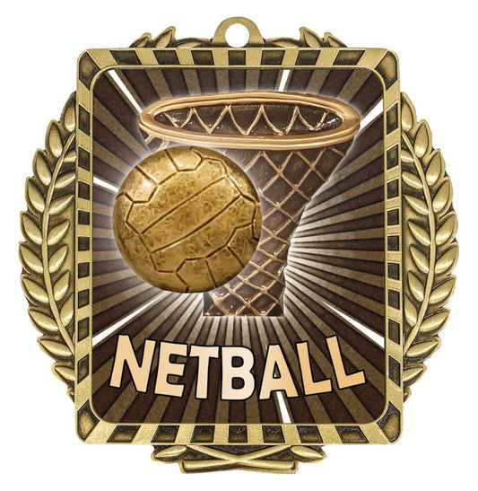 LWM037G Netball Lynx Wreath Gold Medal 9cm