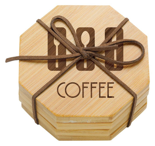 QC408 Bamboo Coaster x 4 Octagon with Band 9cm